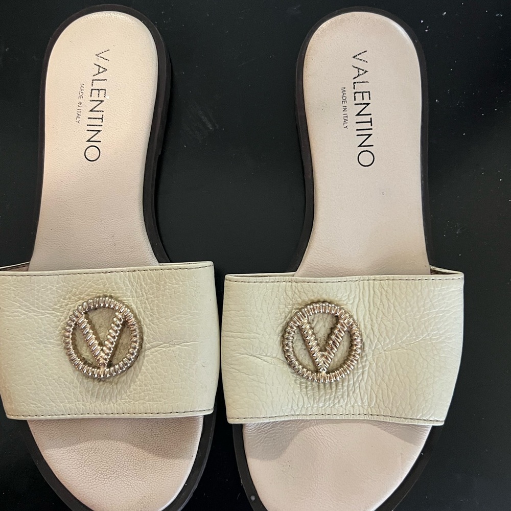 Valentino Beige Slide Sandals with Gold Accent